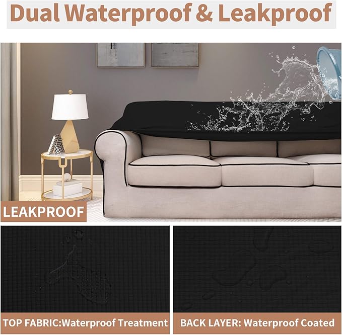Easy-Going 100% Waterproof Couch Cover, 3 Cushion Couch Slipcover for Sofa | Leakproof Sofa Cover, Stretch Jacquard Furniture Protector Against Stain Spill from Kids, Pets, Dog (Sofa, Black)
