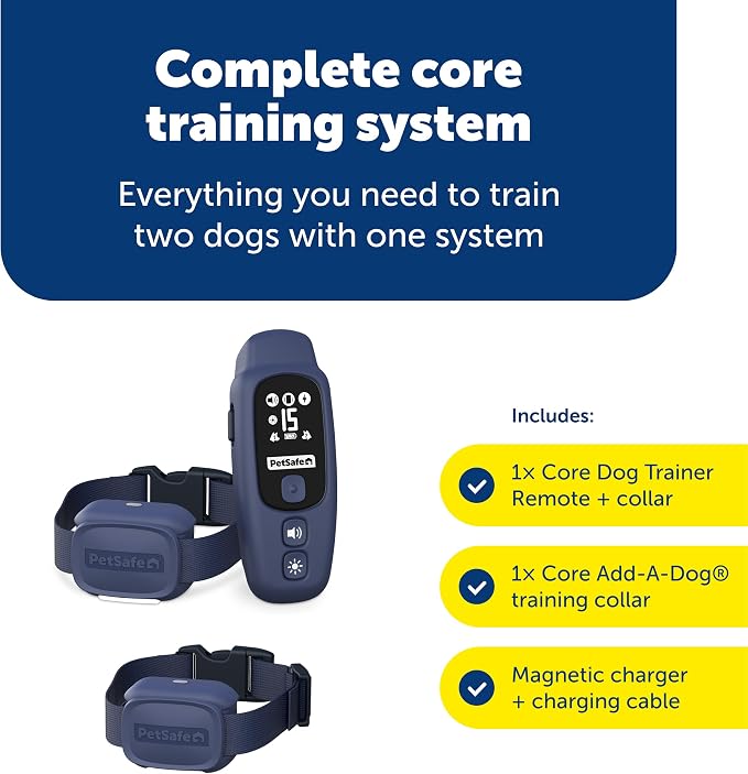 PetSafe Core Dog Trainer with Remote and Add-A-Dog Collar Waterproof Training Collar 1000-Foot Range Tone, Vibration and 15 Levels of Static Built-in LED Light