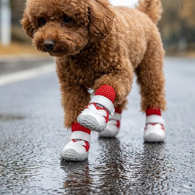 Dog Shoes for Small Dogs, Hot Pavement Summer Puppy Dog Boots & Paw Protectors with Soft Anti-Slip Rubber Sole, Mesh Breathable Dog Booties for Hardfloors, Walking Running 4 Pack (red, 2)