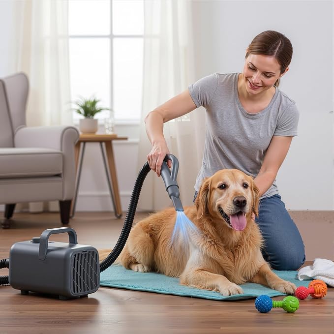 NEWBULIG Dog Hair Dryer with Heater for Grooming, Grey | 1550W High Velocity Speed Temperature Adjustable Pet Blow Dryer with 4 Nozzles