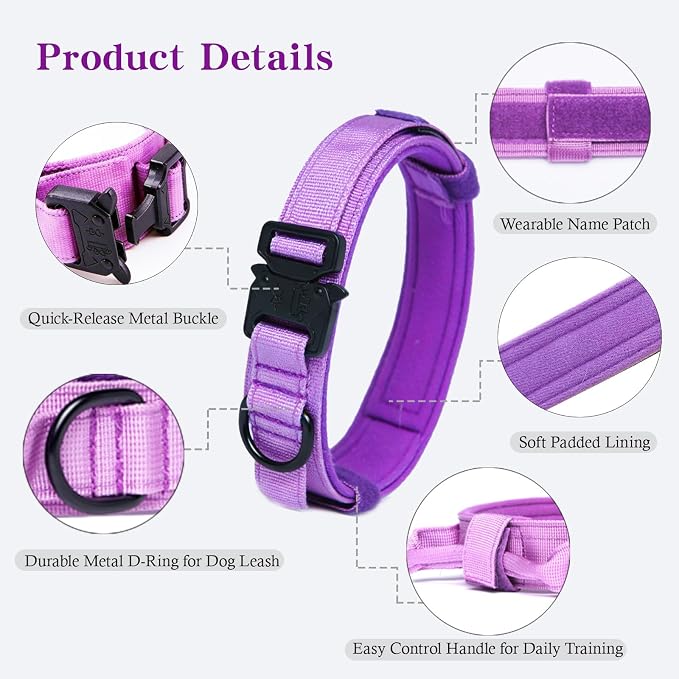Tactical Dog Collar and Leash Set for Large Dogs with Control Handle,Purple | 1000D Heavy-Duty Nylon Fabric,Quick-Release Metal Buckle,Adjustable Fit,Soft-Padded Webbing,D-Ring,for Training & Hiking,XXL