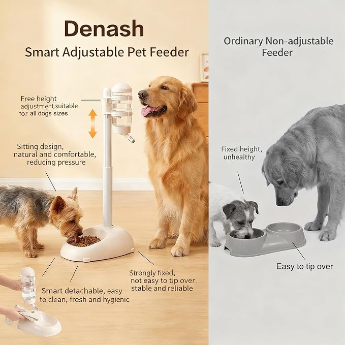 Pet Standing Water Dispenser Feeder, 500ml Dog Water Feeder Bottle Adjustable Raised Pet Food Bowl for Dogs Detachable Bottles Easy Cleaning (Beige)