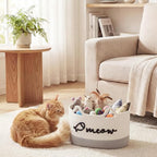 Cat Toy Basket with Cat Ear Handles, 15 x 11 x 9 in Woven Cats Toy Bin, Large Two-tone Cotton Rope Storage Box, Meow Words Organizer for Toys, Blankets, Home Decor (White, Gray)