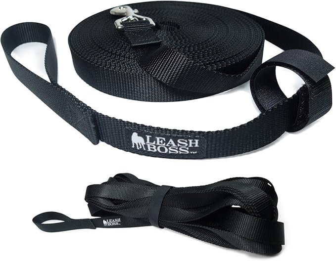 Leash Boss Long Trainer - 1 Inch Nylon Long Dog Training Leash with Storage Strap (15 Ft, Black)