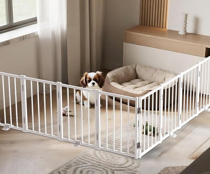 BFNN Small Dog Gate Indoor, Up to 96" W Freestanding Pet/Puppy Fence, White | Flexible Space Control | Chewproof Steel Frame | 16.5" Step-Over Gate | Foldable | Drill-Free Setup | For Stairs & Doorways