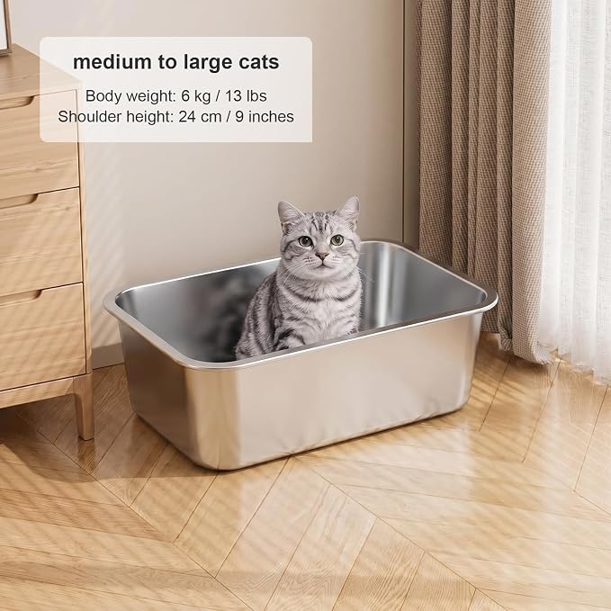 XX-Large High Sided Stainless Steel Cat Litter Box | Sturdy Metal, Odor-free, Cat Litter Non-stick and Easy to Clean, Ideal for Indoor Cats, Kittens and Multicat Houses