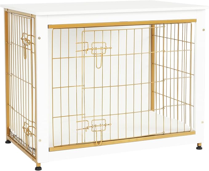 DWANTON Dog Crate Furniture with Cushion, Wooden Kennel Table with Double Doors, Indoor Dog House, Medium Size, 32.5" L, White