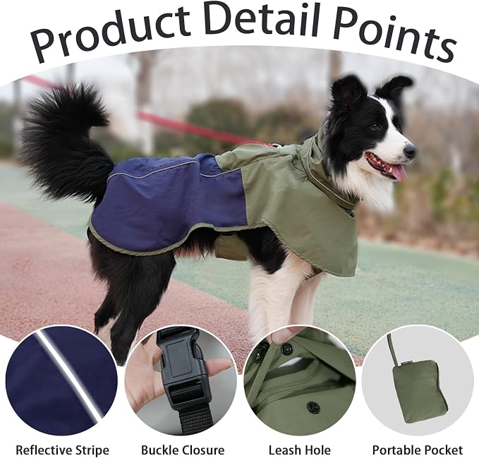 MAMORE Dog Raincoat with High Collar - Waterproof Adjustable Dog Rain Jacket, Lightweight Reflective Pet Rain Coat for Small Medium Large Dogs for Outdoor Walking Hiking(Green&Navy, XX-Large)