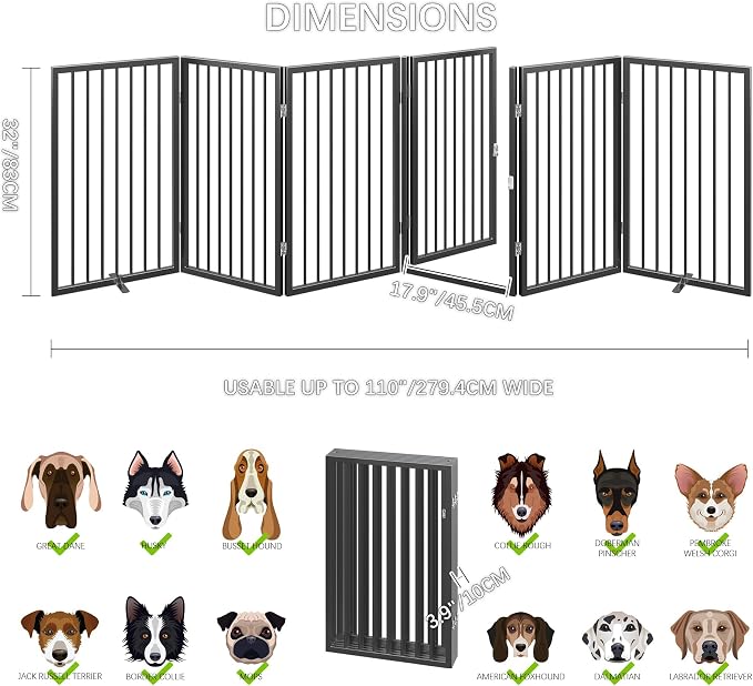 Vantas 120" x 32" Foldable Freestanding Extra Wide Dog Gate with Door,Black | Pet Gate for Stairs and Doorways, Renter Friendly No Drill, Indoor Pet Fence Extra Wide, Easy Storage, With Support Feet