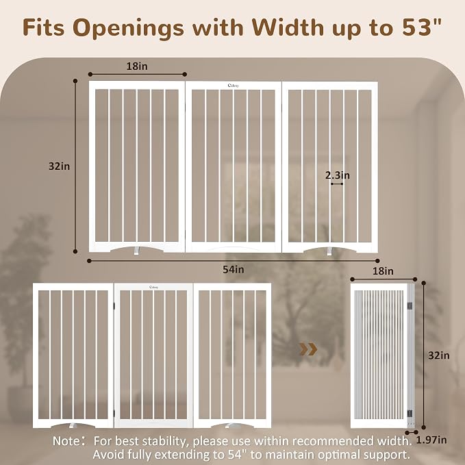 32" Extra Tall Free Standing Dog Gate Indoor, Foldable Pet Gate | for Doorways Stairs, 3-Panel Dog Fence with Support Feet for Stability, Folding Puppy Gate Easy to Carry No Drilling 54"x32"