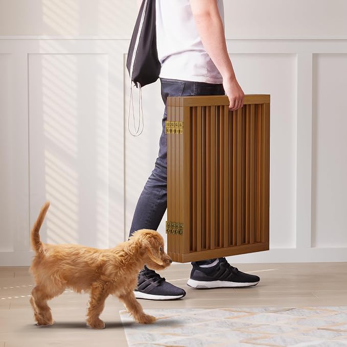 Semiocthome Freestanding Dog Gate 24“Tall, Walnut Foldable Dog Gates for Doorways Stairs Indoor, Wooden 4 Panels Pet Gates for Dogs with 2 Metals Stands, Fully Assembled Door Gates Fences