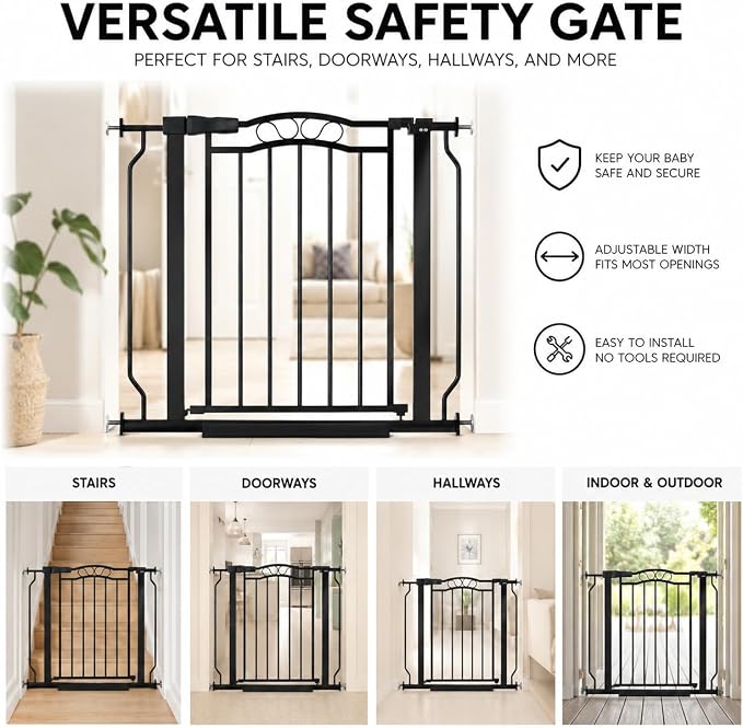 67.3"-81.1" Extra Wide Baby Gate & Dog Gate, Pressure Mounted No Drilling Pet Gate for Doorways & Large Openings, with Walk-Through, Auto-Close & Dual-Direction Swing, Black