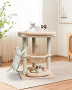 SYANDLVY Small Cat Tree for Indoor Cats with Top Perch Hammock & Bottom Bed | Natural Sisal Scratching Post Tower with Hanging Bell Ball and Anti-Tip Strap, Stable Kittens Furniture, Beige