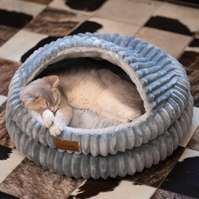 CHEERPALS Cat Cave Bed for Indoor Cats, Washable Covered Cat Bed Hooded Kitty Bed Soft Fluffy Pet Bed for Puppy and Small Dog(Dark Blue)