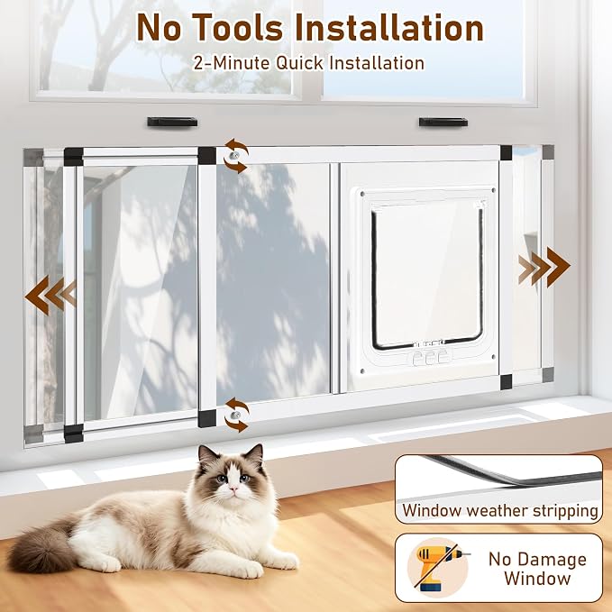 Full Glass Cat Door for Window,37"-45" Adjustable Width,1-Min Install | 4 Locking Modes,Aluminum Frame,HD Glass,Magnetic Closure,Weatherproof Sliding Pet Door Window Insert for Cats