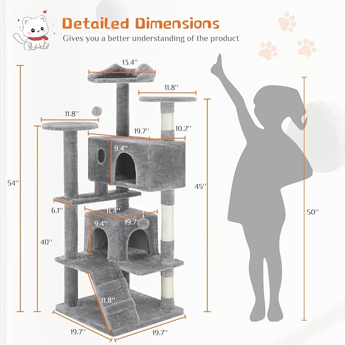 54 Inch Cat Tree Tower with Scratching Post, Light Grey | Multi-Level Cat Tower with Condo and Climbing Ladder, Play Toy Balls House for Indoor Cats