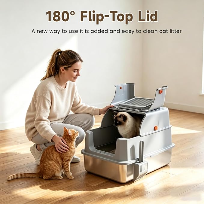 Enclosed Stainless Steel Litter Box, XL Covered MetalPan Includes Mat Scoop | Easy Cleaning Anti-Urine Leakage Non-Sticky Front Entry Top Exit