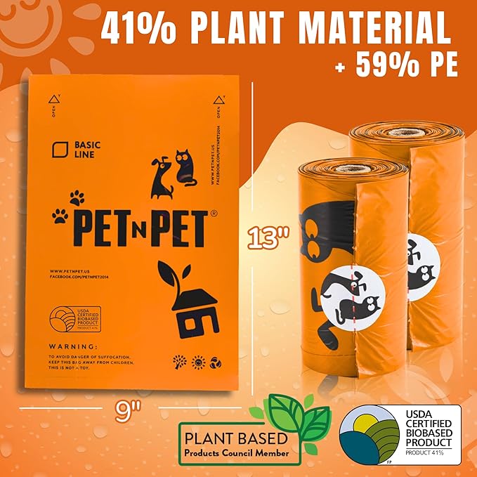 Pet N Pet Poop Bags for Dogs, 1080 Count, Plant Based, Unscented, Orange
