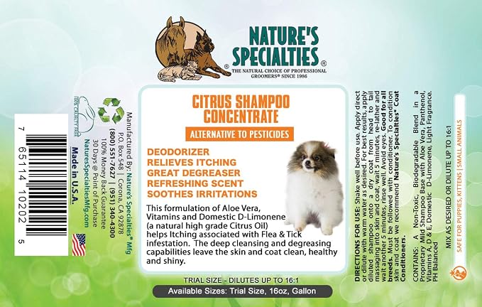 Nature's Specialties Citrus Ultra Concentrated Dog Shampoo for Pets, Makes up to 2 Gallons, Natural Choice for Professional Groomers, Alternative to Shampoo, Made in USA, 16 oz