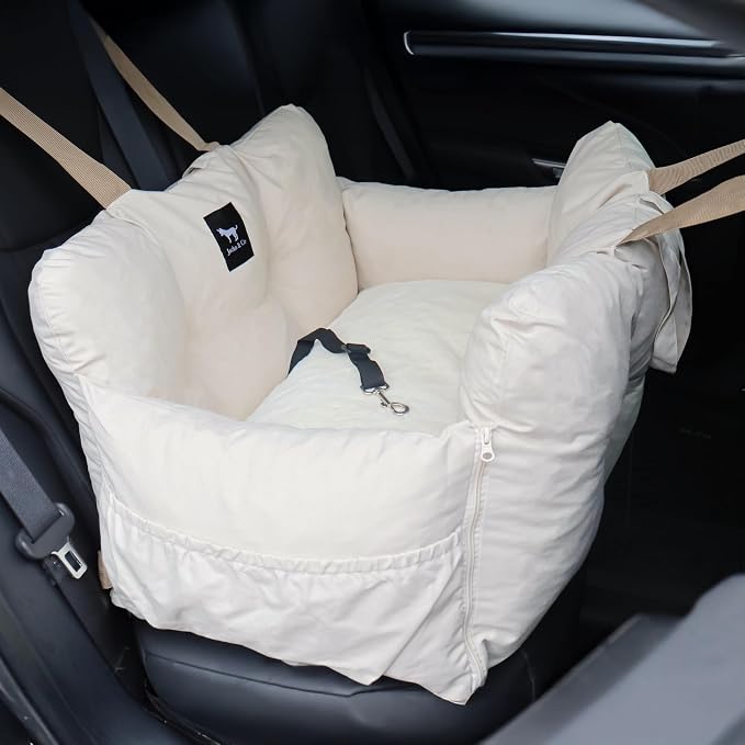JACKO & CO - Premium Dog Car Seat Bed V2 for Small & Medium Pets Under 40lbs - Water Resistant, Machine Washable, Removable Covers, Clip-On Leash for Back Seat Use (Ultra Prem, Beige Medium 25-45lbs)