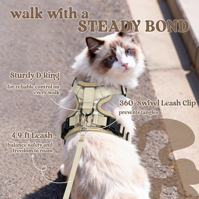 rabbitgoo Cat Harness and Leash Set, Escape Proof Vest, Foamy Coffee | Soft Breathable Mesh, Easy Adjustable Fit, Snap Buckles, Sturdy Clip, Reflective Strips, for Kittens & Small Cats Walks, Xxs