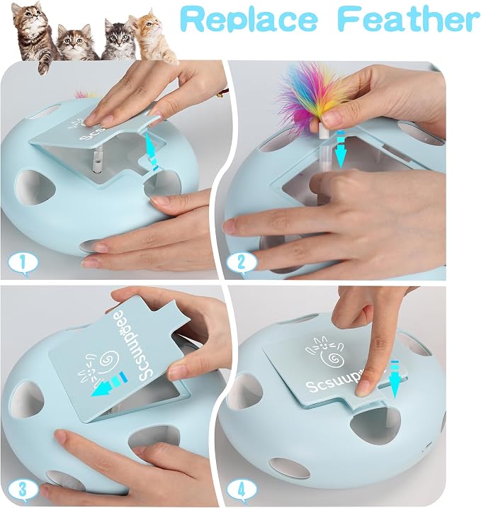 Rechargeable Interactive Cat Toy, Blue | Smart Sensor Pop-Up Feather Toy, 7 Holes, USB Powered Automatic, For Indoor Cats