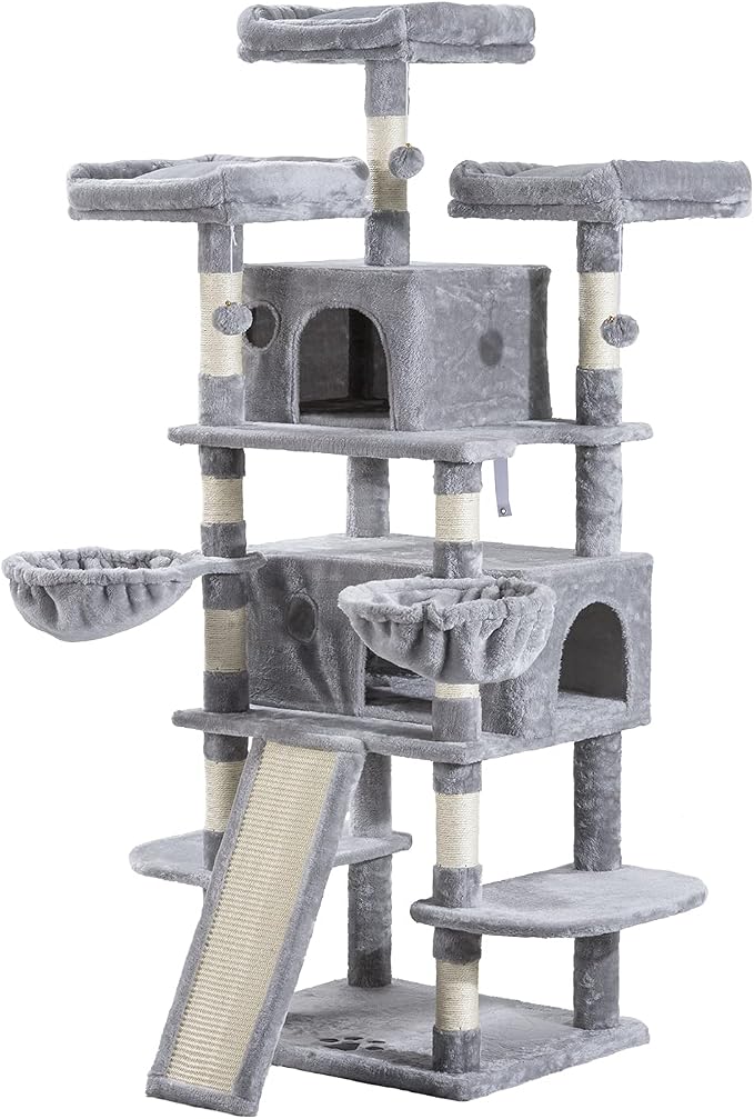 Allewie 68 Inches Cat Tree/House and Towers for Big Feline/Scratching Post/Multi-Level Large Kitty Climbing Tree with Condo/Light Grey