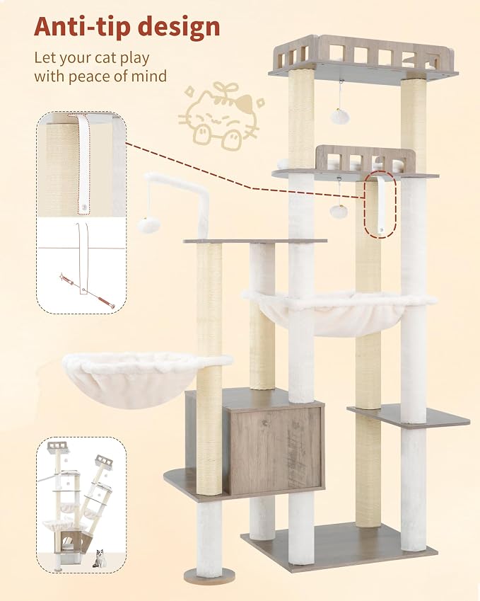 Heybly Cat Tree, 70.5" Wood Tall Cat Tower for Large Indoor Cats HCT121SG | Modern Cat Furniture with Extra Stable Structure, All-Sisal Scratching Posts, Cat Condo & Hammocks, Smoky Gray