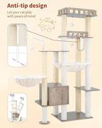 Heybly Cat Tree, 70.5" Wood Tall Cat Tower for Large Indoor Cats HCT121SG | Modern Cat Furniture with Extra Stable Structure, All-Sisal Scratching Posts, Cat Condo & Hammocks, Smoky Gray
