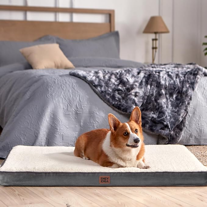 EHEYCIGA Orthopedic Dog Bed Large with Removable Washable Cover,Beige,35x23 | Egg Crate Foam Support,Durable Oxford fabric,Non-Slip Bottom,Machine Washable,Soft Waterproof Plush Pet Bed Mat For Crate