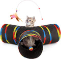 Tempcore Cat Tunnel for Indoor Cats, 3 Way Collapsible Pet Play Tunnel with Teaser Wand, Peek Holes & Hanging Ball, Interactive Tube for Kittens & Rabbits, Black & Rainbow