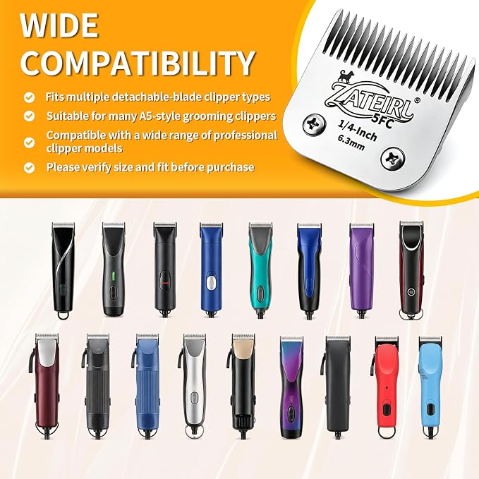 Size 5FC Detachable Pet Grooming Clipper Blade with Ceramic Cutter, 6.3mm 1/4 Inch Cut Length, Silver, Compatible with Andis, Oster A5, Wahl KM10, 3 Pack