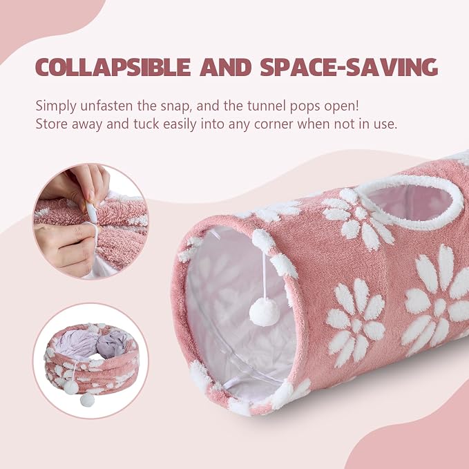 Straight Cat Tunnel for Indoor Cats 47"x12", Pink Flower | Cute Cat Toys, Collapsible Tunnel Tube with Hanging Balls for Puppy Kitten Rabbit