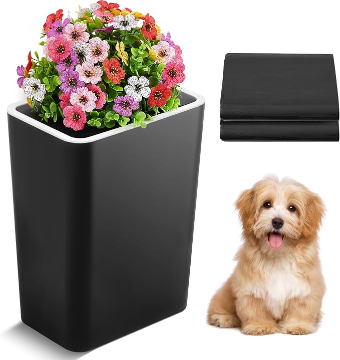 Jingmore Dog Poop Trash Can Outside 3.96 Gal/15 L Plant Styled Dog Waste Trash Can with Lid 50 Waste Bags Outdoor Indoor Poop Container Slim Garbage Bin for Yard Garden Pet (Colorful Flower Black)