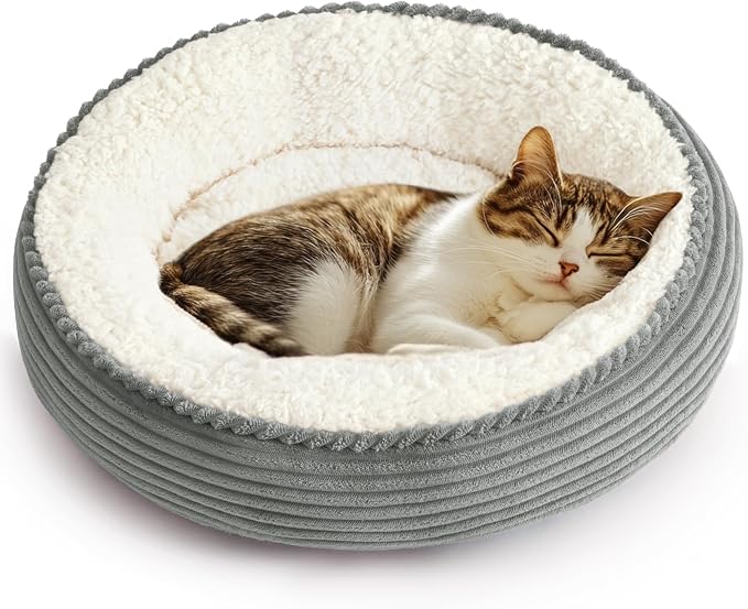 Love's cabin Round Donut Cat and Dog Cushion Bed, 20in Pet Bed for Cats or Small Dogs, Anti-Slip & Water-Resistant Bottom, Super Soft Durable Fabric Pet beds, Washable Luxury Cat Dog Bed Stripe Grey