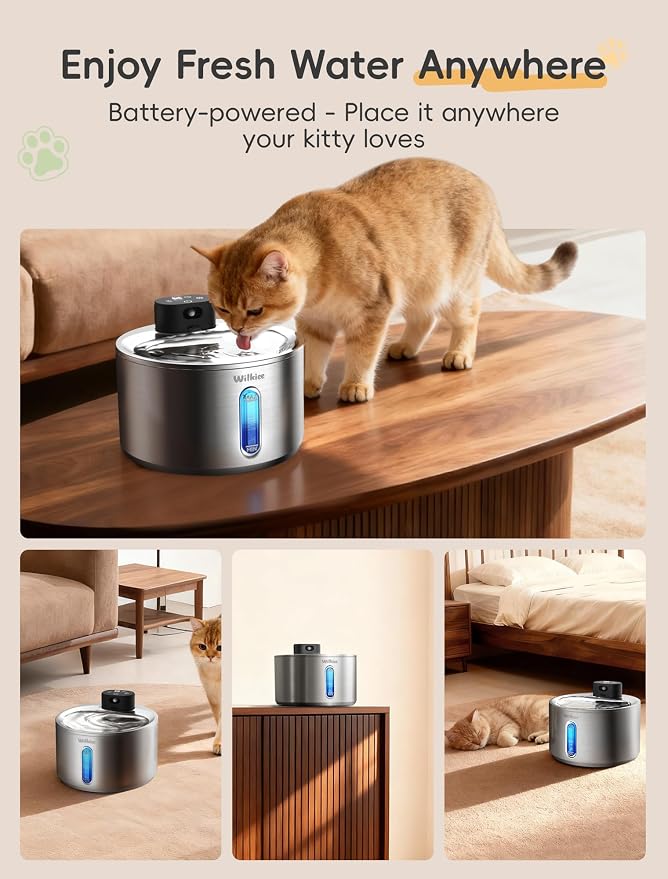 Stainless Steel Cat Water Fountain, Cordless Fountain for Cat & Dogs Indoor | 135fl.oz/4L Capacity, 4000mAh Battery, ultra-quiet