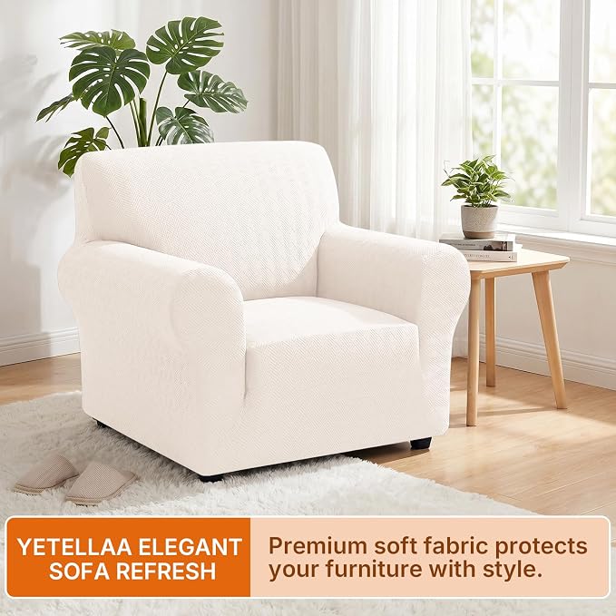 XINEAGE Stretch Armchair Slipcover, Non-Slip Pet Couch Cover,Beige White | Washable Furniture Protector, Elastic Bottom, Dogs & Cats Friendly, Scratch-resistant, Fast Setup, High Elasticity