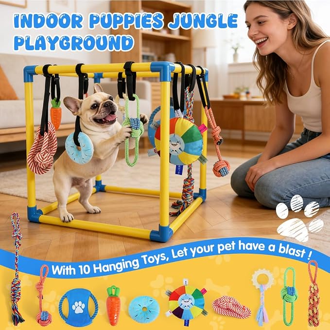 Puppy-Play-Gym for Small Dogs with 10 Dog Toys,19.5" Indoor-Jungle-Play-Gym | Removable Dog Enrichment Playground Interactive Dog Squeaky Toys Puppy Training Center, Adjustable PVC Frame for Puppies Cat