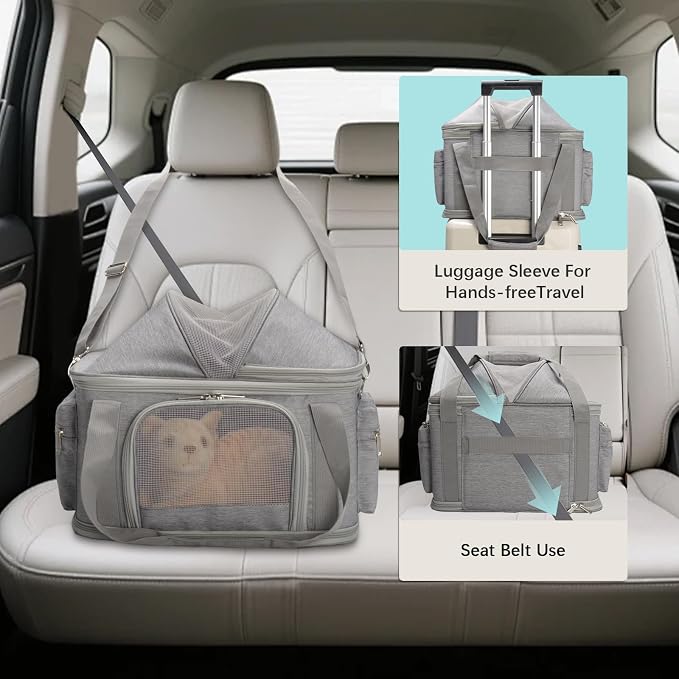Expandable Pet Dog Cat Carrier, Top Opening Pet Bag for Small Medium Dogs Cats, Collapsible Ventilated Car Travel Comfort Soft-Sided Puppy Carriers Up to 15lbs (Light Grey, 16.2"x11.4"x13"(LxWxH))