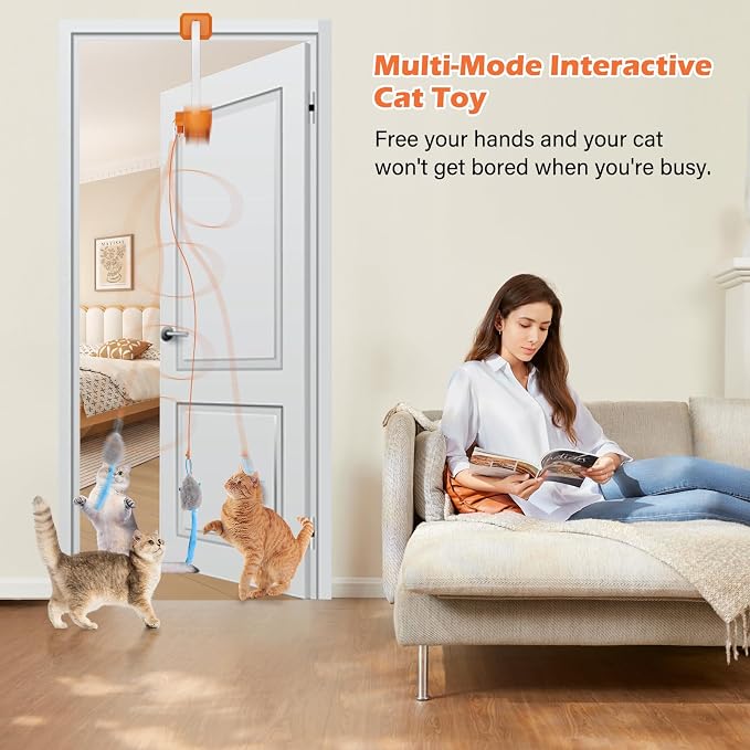 Interactive cat toy, Electric cat teaser, Door clip, 2 Motion modes,Gray | 360° Rotation • Random Jumping • Type-C Rechargeable • Door Clip Design • For Indoor Cats