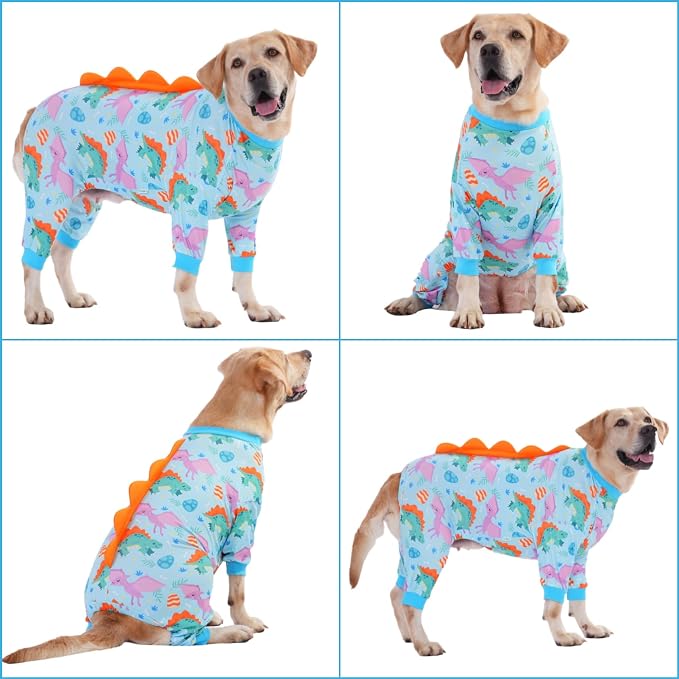 LovinPet Large Dog Pajamas, Four-Leg Stretch Onesie Bodysuit, Lightweight UV-Shielding Pajamas, Anti-Lick Calming Recovery Suit for Surgery, Pull-On for Medium and Large Breeds,Green Orange,XL