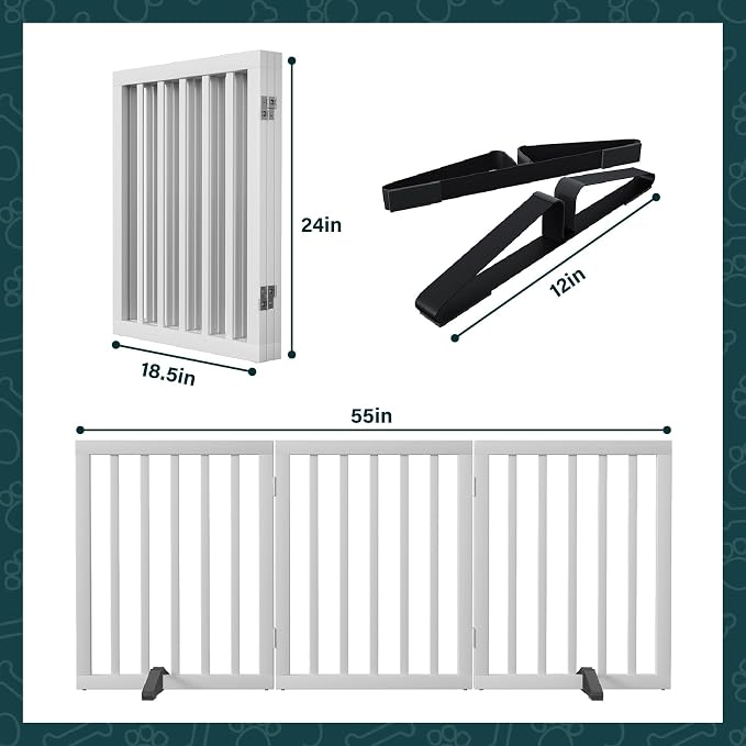 Semiocthome Bamboo Freestanding Dog Gates for Doorways,3-Panel Indoor Puppy Gates for the House with 2 Metal Stands,24"H Folding Pet Gate for Stairs Expands Up to 55"W Fully Assembled Stair Gate White