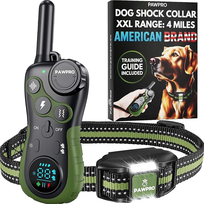 Dog Shock Collar with Remote, Unmatched 4-Mile Range, Night-Light Mode, Training Guide Included, 124 Training Levels & 4 Modes, Beep Vibration Shock, Waterproof Rechargeable, Fits All Dogs (Green)