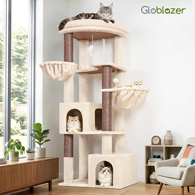 Globlazer C64 Heavy Duty Corner Cat Tree, 64in Large Cat Tower, Beige | Easy Setup, Maine Coon, Extra-Large Top Perch, 2 Condos, 2 Hanging Baskets, 4 Sisal Scratching Posts, Anti-Topple Strap