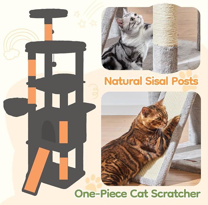 Taoqimiao Cat Tree for Large Cats, 72In Tall Cat Tower, Giant Platform | Widened Cat Condo with Large Scratch Board, 5 Scratching Posts, Metal Frame Hammcock, Cozy Basket, Light Gray, MS045W