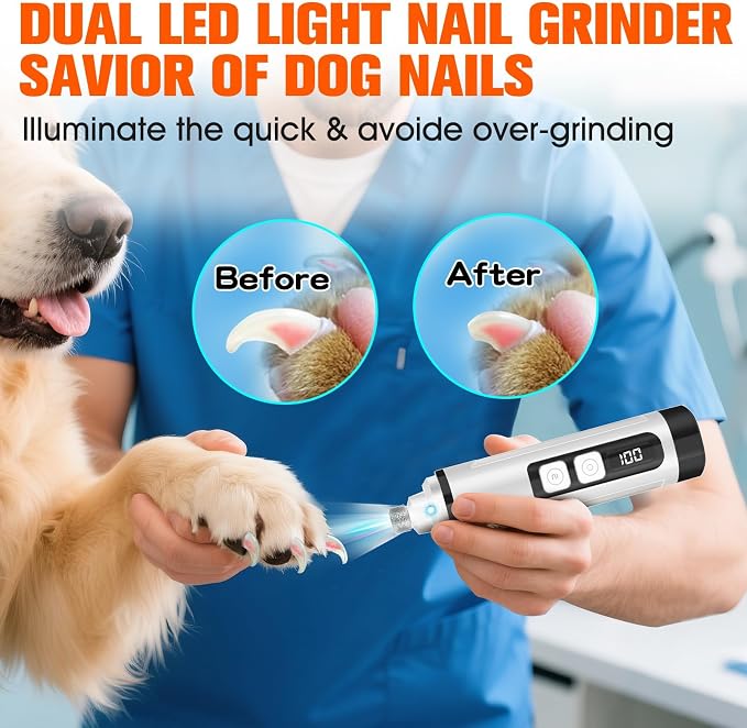 Dog Nail Trimmers Ultra Quiet Electric Pet Dog Nail Clippers Cat Nail Clipper with Led Lights Nail Grinder High Speed Nail File Electric Clippers for Grooming Small, Medium (White)