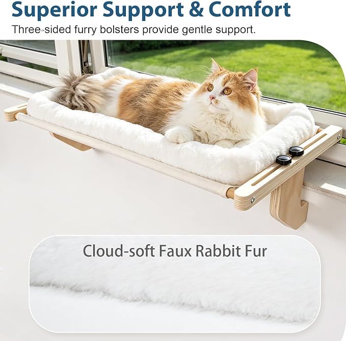 Cat Sill Window Perch - 100% Natural Pine Frame, Plush Fleece Cushion, Tool-Free Adjustment, Supports 55 lbs (Extra Large-White)