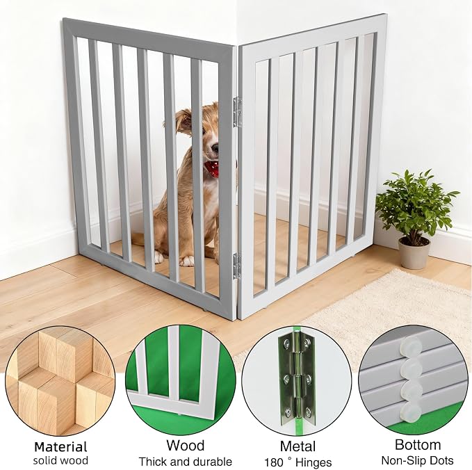 ZJSF Freestanding Indoor Dog Gate for House Foldable Wood Grey Puppy Gate for Doorways Pet Gate for Stairs Extra Wide Pet Fence 32" Height 2 Panels