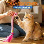 Cat Teaser Toys with Feathers and Bells, Flexible Tube 4-Pack | Four colorful teaser toys with feathers, bells, pom-poms, and flexible mesh tubes for chasing, batting, and pouncing