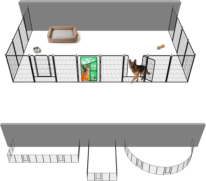 FXW Rollick Dog Playpen Wall Connection Set for Indoor and Yard, 45 Inch 16 Panels for Large Dogs with 4 Fence-to-Wall Anchors, Black | Patented